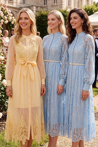 Elegant Floral Lace Maxi Dress with Pearl Belt - LAI MENG FIVE CATS
