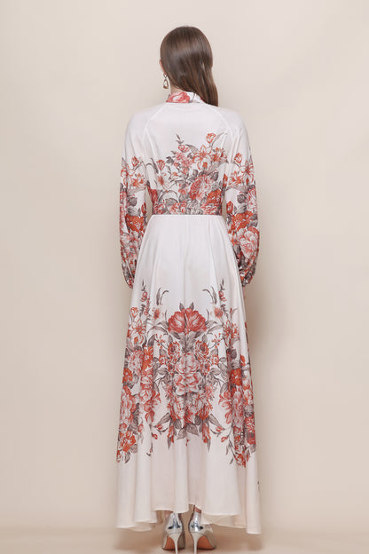 26-Women's Floral Print Puff Sleeve Button Maxi Dress - LAI MENG FIVE CATS