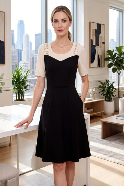 Women's Short Sleeve Pocket A-line Stretch Midi Dress - LAI MENG FIVE CATS