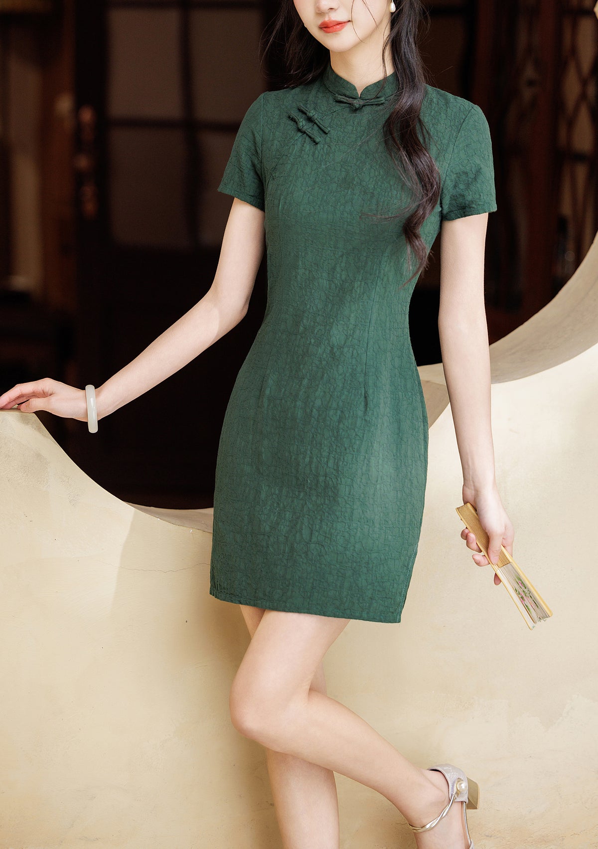 Dark Green Textured Fitted Solid Color Cheongsam Mini Dress
