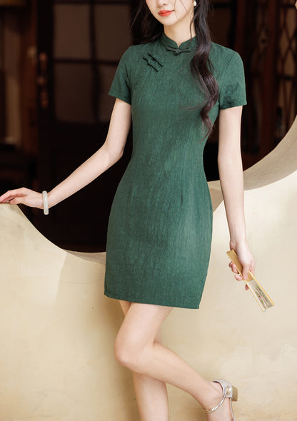Dark Green Textured Fitted Solid Color Cheongsam Mini Dress