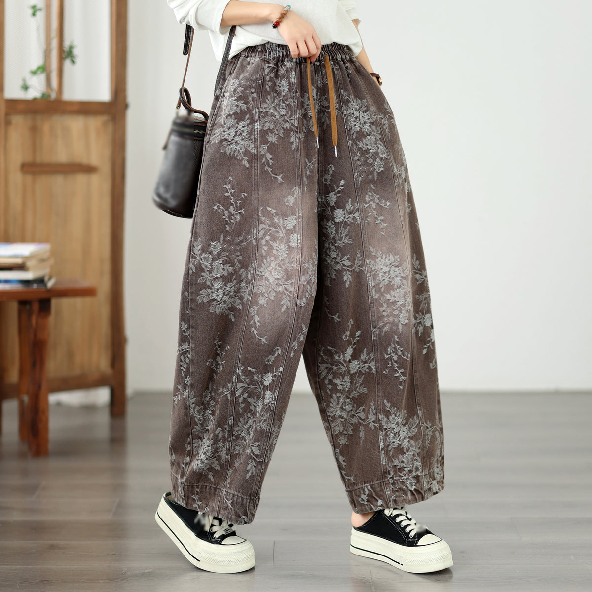 Vintage Floral Denim Harem Pants - Women's Boho Wide Leg Lantern Trousers