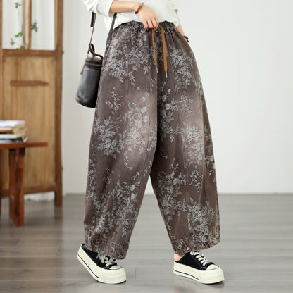 Vintage Floral Denim Harem Pants - Women's Boho Wide Leg Lantern Trousers