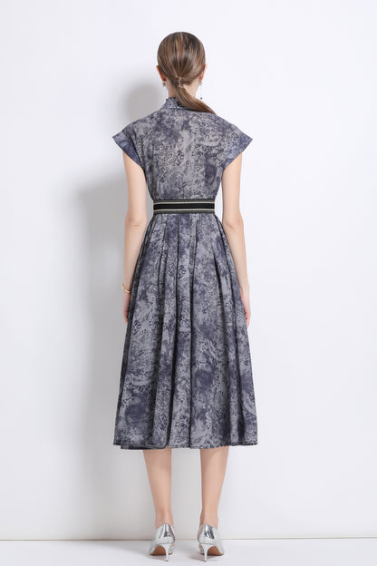 Women's Short Sleeves Collar Printed Buttons Midi Dress