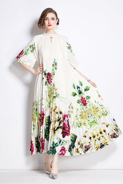 Women's Elegant Pleated Round Neck Bat Sleeves Print Maxi Dress