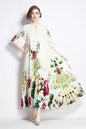 Women's Pleated Round Neck Bat Sleeves Print Maxi Dress