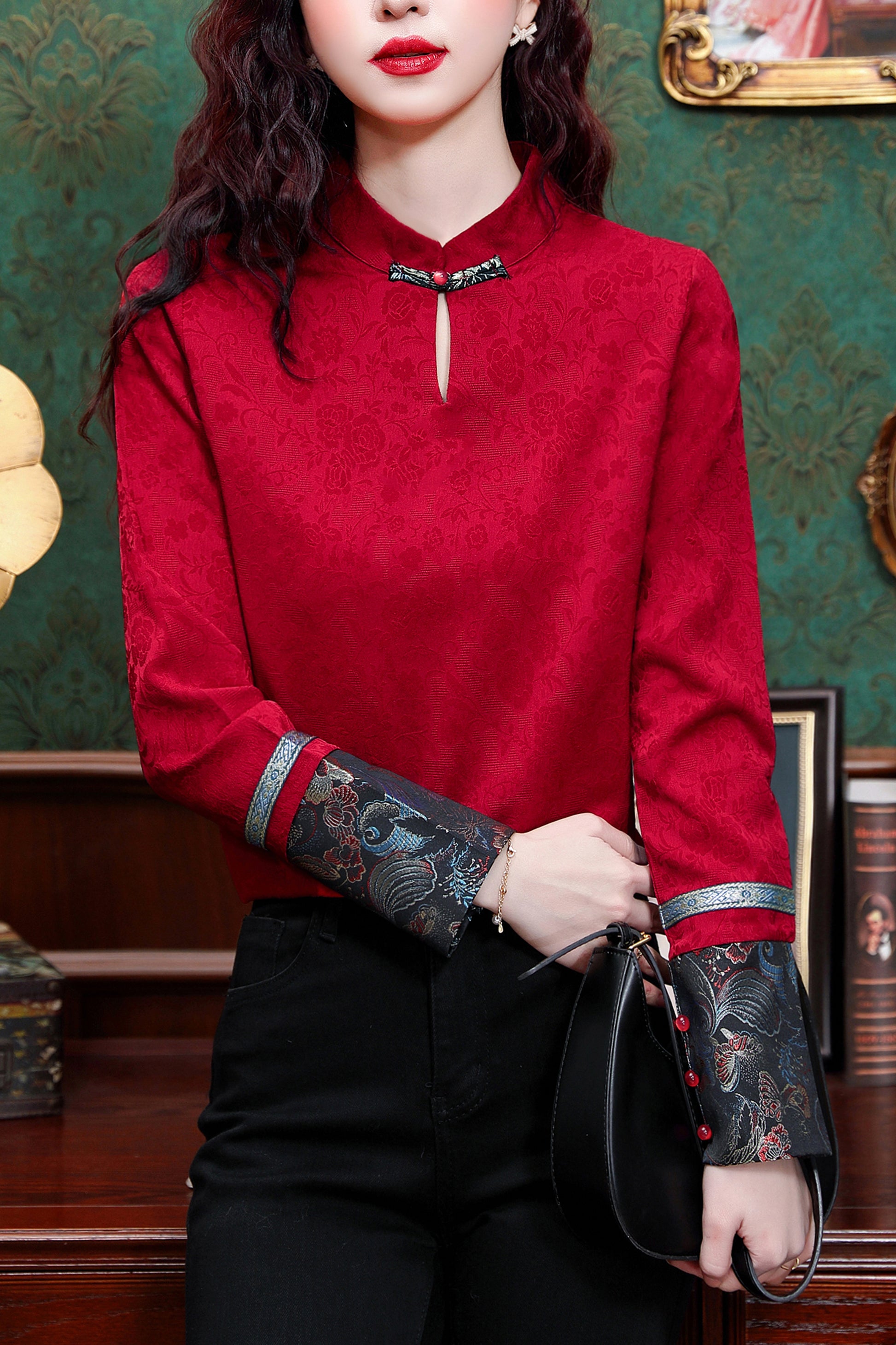Women's Silk Satin Mandarin Collar Long Sleeve Blouse Top - LAI MENG FIVE CATS