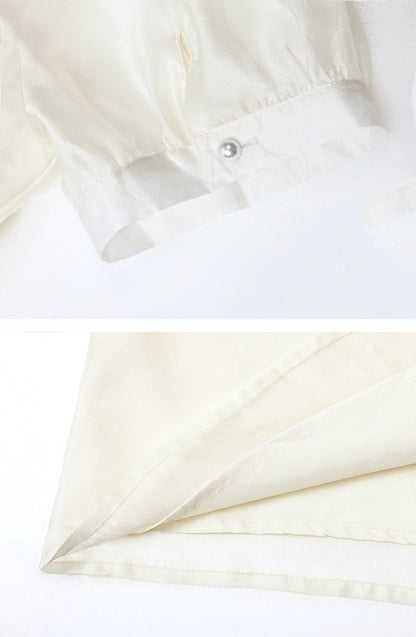 Elegant Bow Tie Pearl Accent Blouse