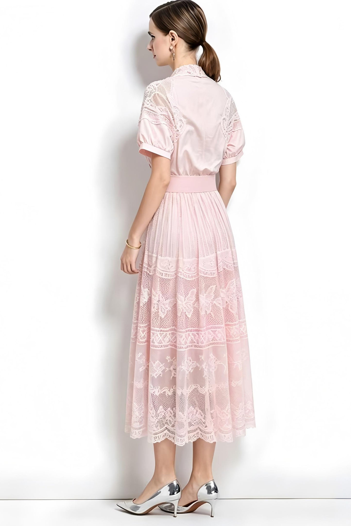 Romantic Pink Short Sleeve Lace Mesh Midi Dress with Belt