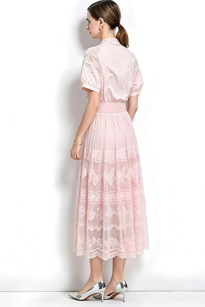 Romantic Pink Short Sleeve Lace Mesh Midi Dress with Belt