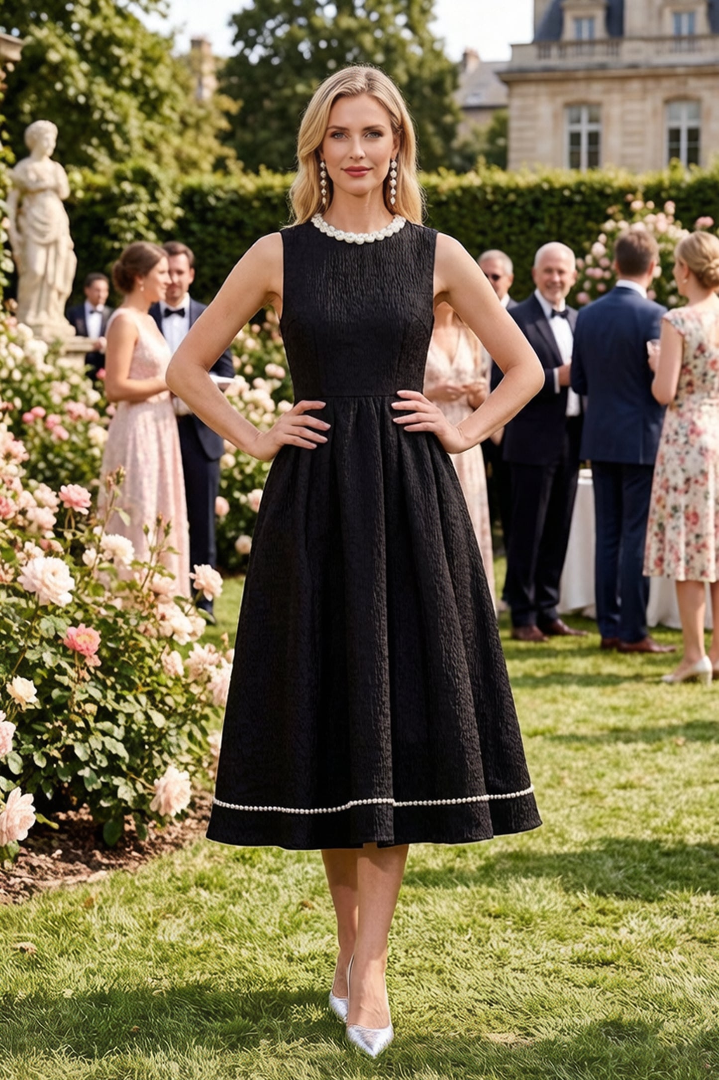 Elegant Pearl Trim A-Line Midi Dress - LAI MENG FIVE CATS
