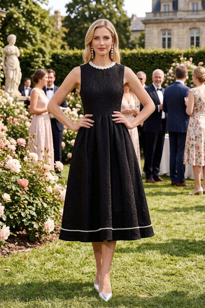 Elegant Pearl Trim A-Line Midi Dress - LAI MENG FIVE CATS