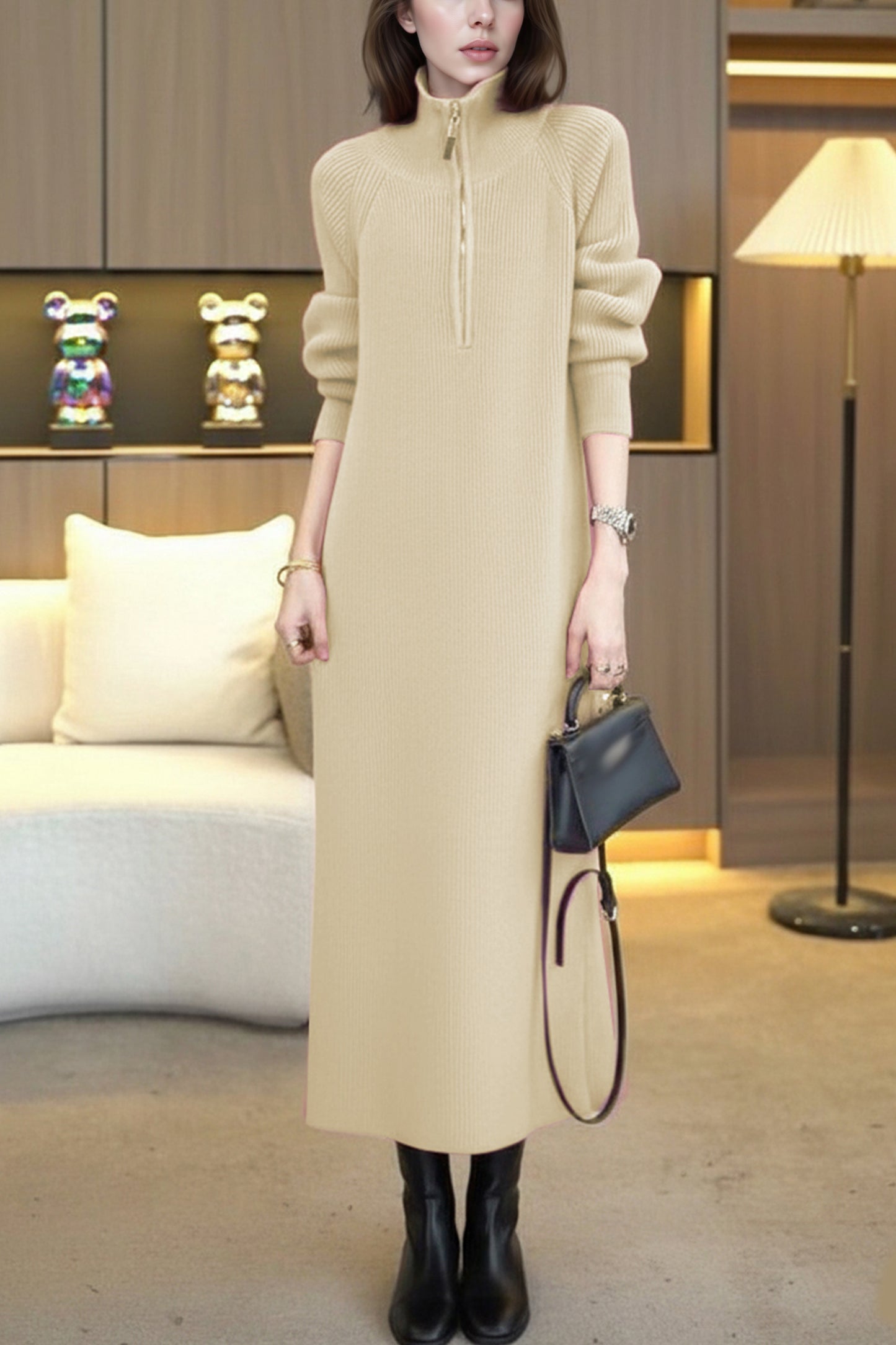 Women's Knit Long Sleeve Quarter Zip Sweater Maxi Dress