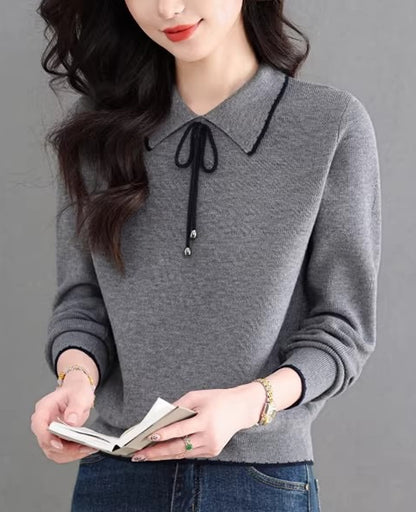 Contrast Trim Bow Collar Knit Top Long Sleeve Soft Sweater