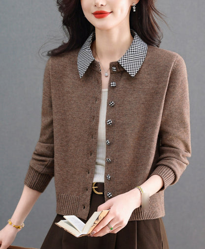 Contrast Gingham Collar Knit Cardigan – Vintage Button Sweater Top