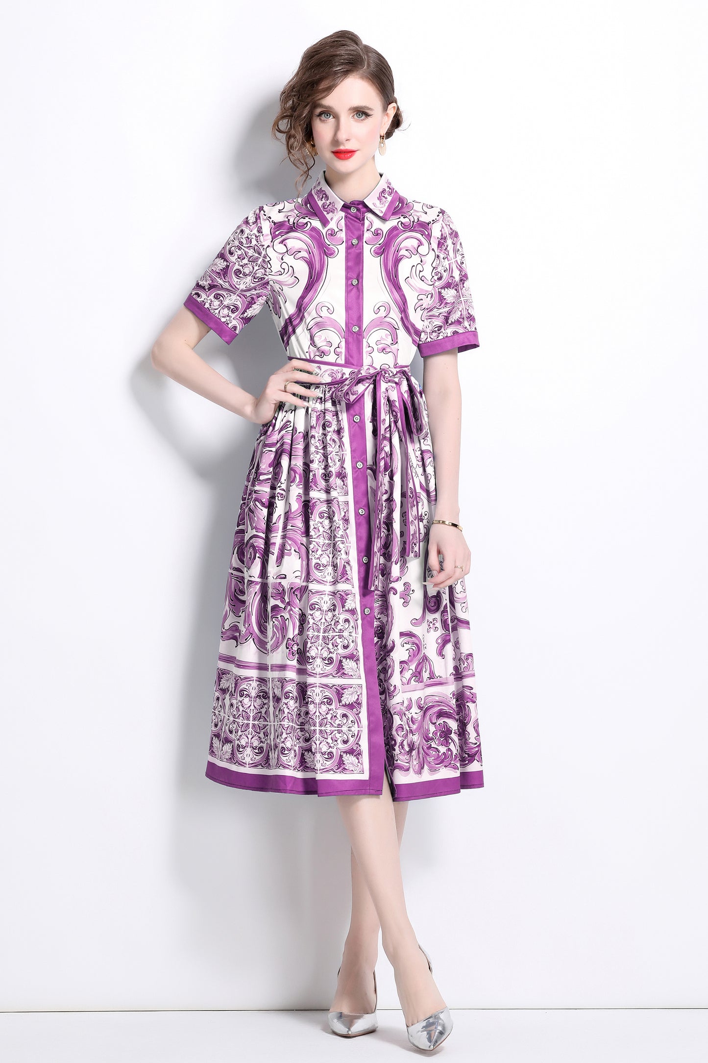 Women's Floral Print Short Sleeve Collar Midi Dress