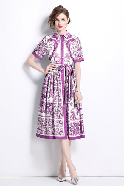 Women's Floral Print Short Sleeve Collar Midi Dress