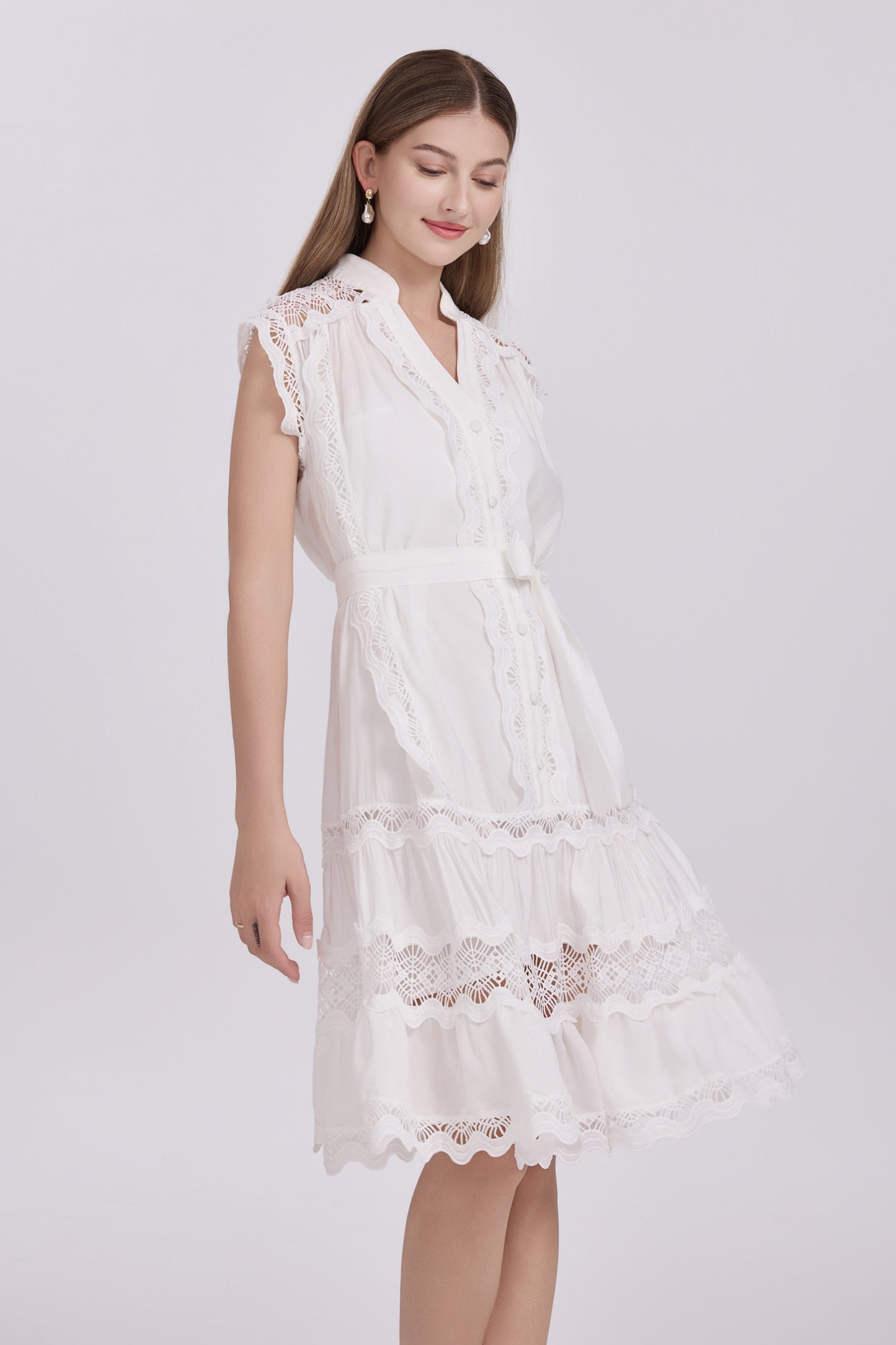 Women's Lace Sleeveless V-Neck Ruffle Midi Dress