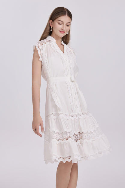 Women's Lace Sleeveless V-Neck Ruffle Midi Dress