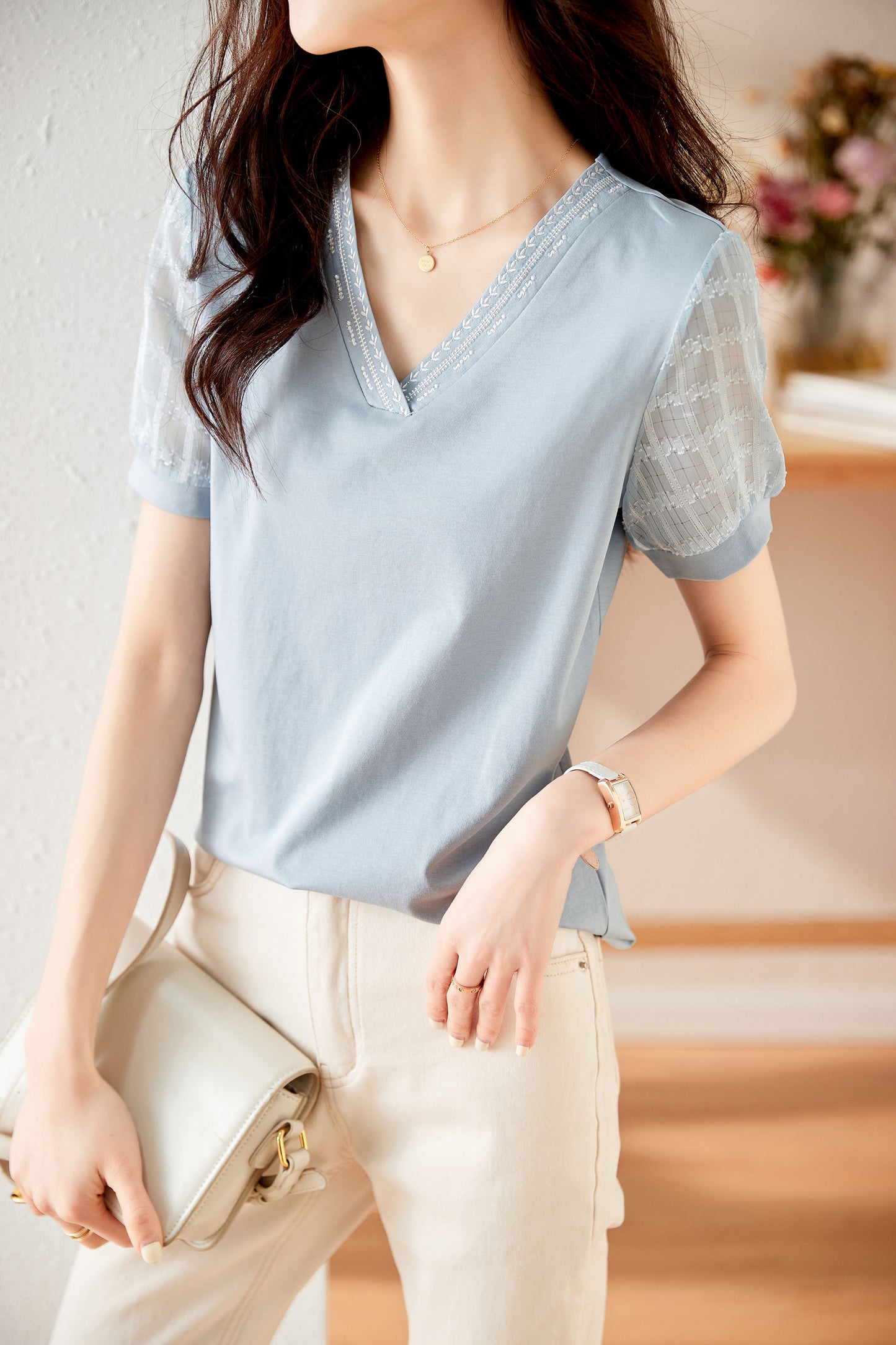 Elegant Patchwork Shirt Solid Color Top