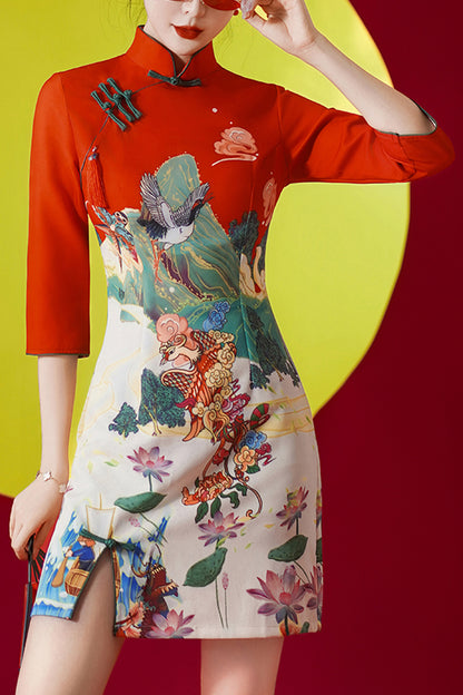 Women's Chinese Cheongsam Print Retro Side Slit Mini Dress