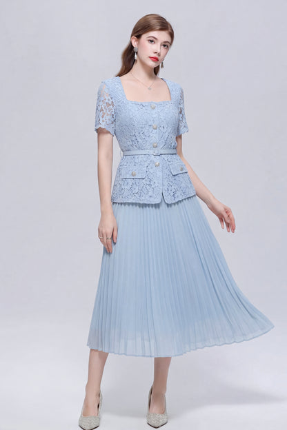 Graceful Square Neck Lace Pleated Button Midi Dress