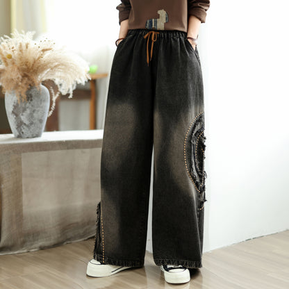28670-Vintage Black Denim Wide-Leg Pants with Distressed Patch & Drawstring Waist