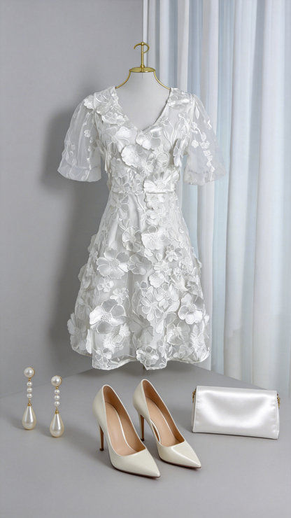 White 3D Floral Embroidered Mesh Mini Dress for Bridal Showers & Special Occasions