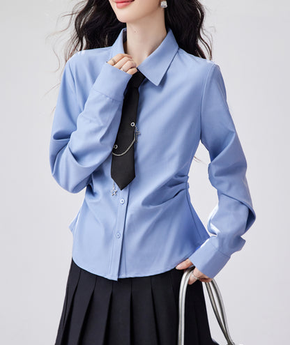 Elegant Light Blue Slim-Fit Shirt with Side Ruching & Tie Detail