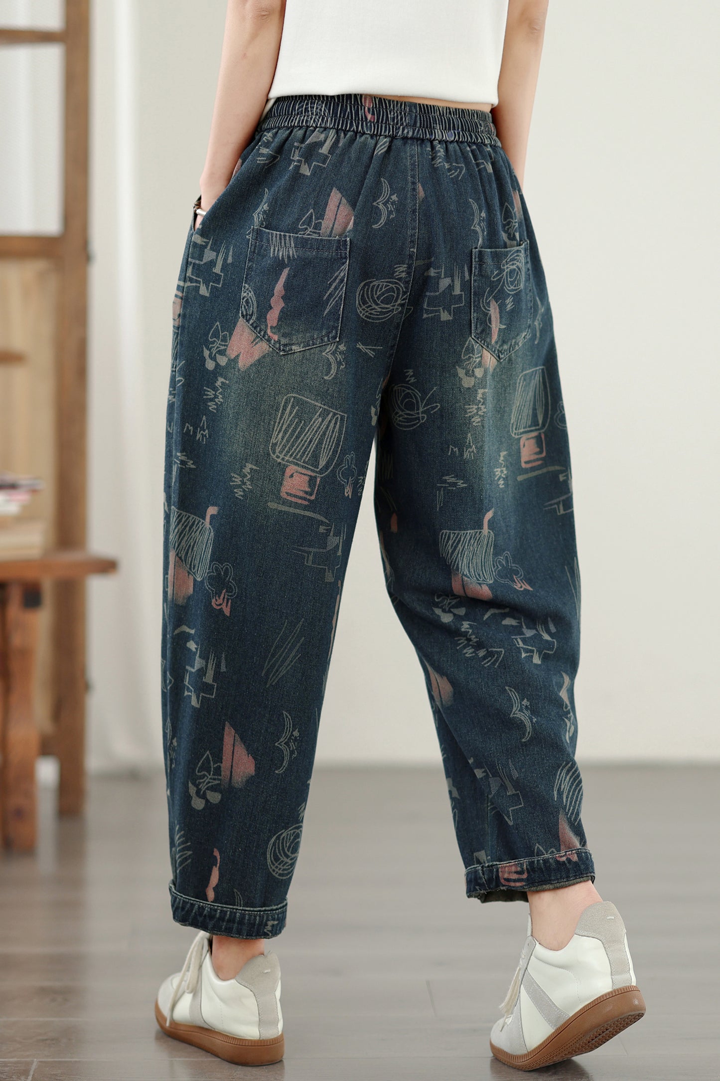 Women's Baggy Jeans Drawstring Elastic Barrel Denim Pants