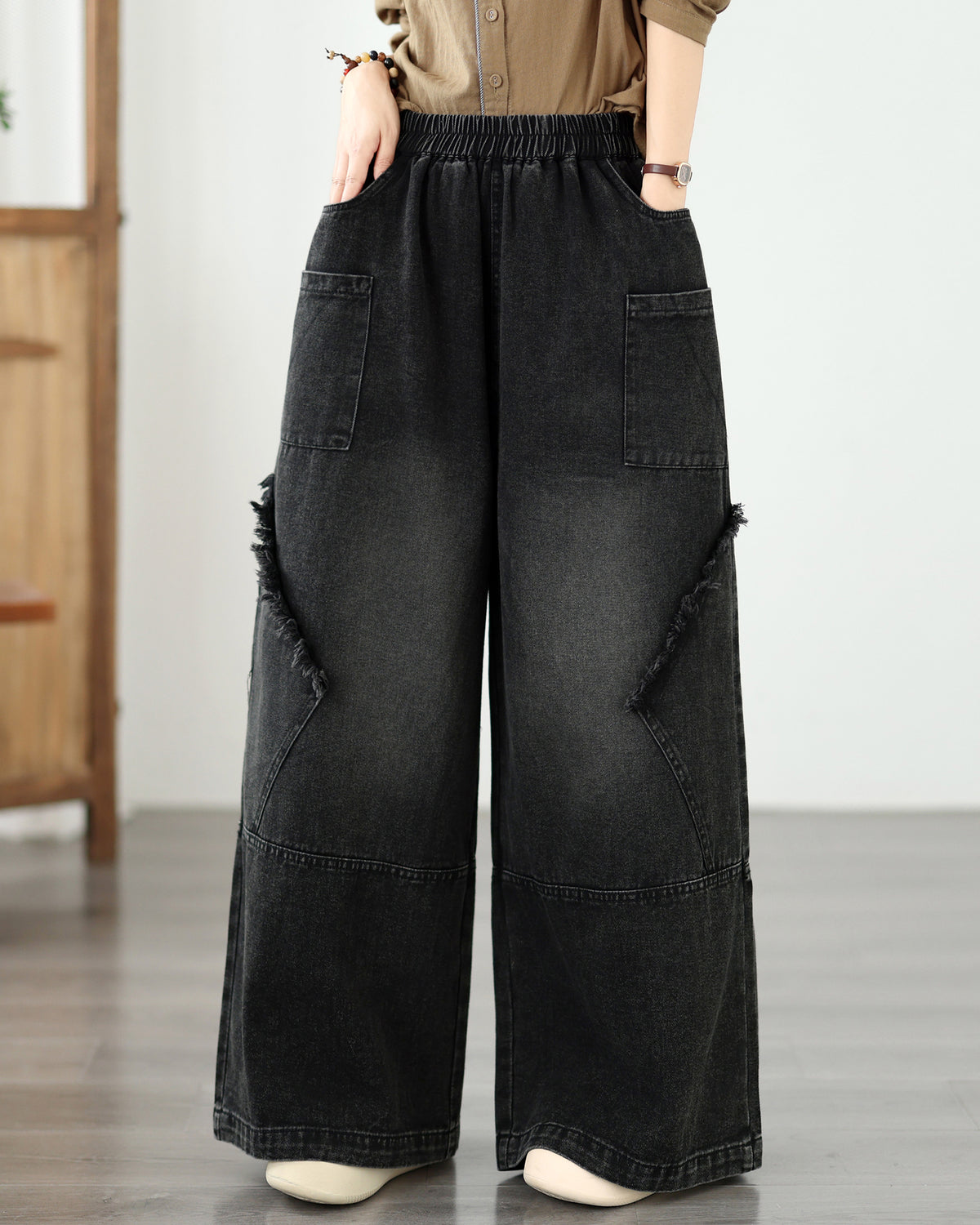 Vintage Denim Wide Leg Pants - Women's Patchwork Jeans Trousers