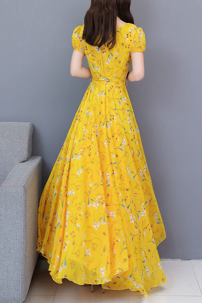 SSY-Women's Short Sleeve V-Neck Print Swing Maxi Dress