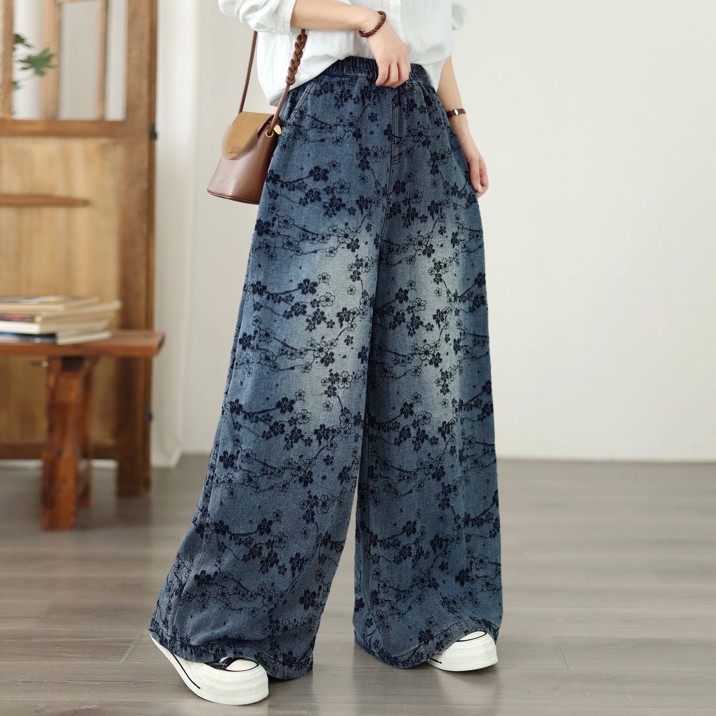 Vintage Floral Print Denim Wide-Leg Pants Wide-Leg Jeans