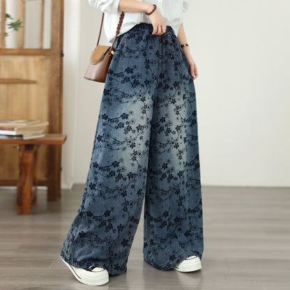 Vintage Floral Print Denim Wide-Leg Pants Wide-Leg Jeans