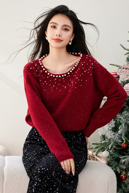 SD-Off Shoulder Shining Beads Pullover Sweater