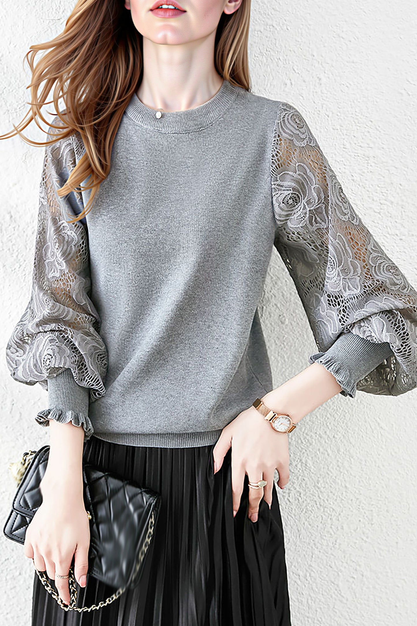 Women's Sweater Puff Sleeve Lace Knit Pullover Tops