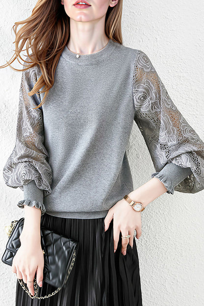 Women's Sweater Puff Sleeve Lace Knit Pullover Tops