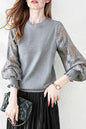 Women's Sweater Puff Sleeve Lace Knit Pullover Tops