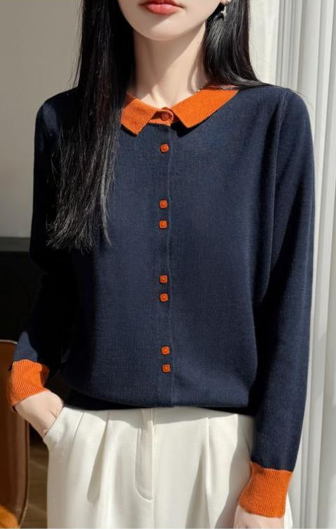 Contrast Collar Knit Cardigan – Two-Tone Polo Button-Up Sweater