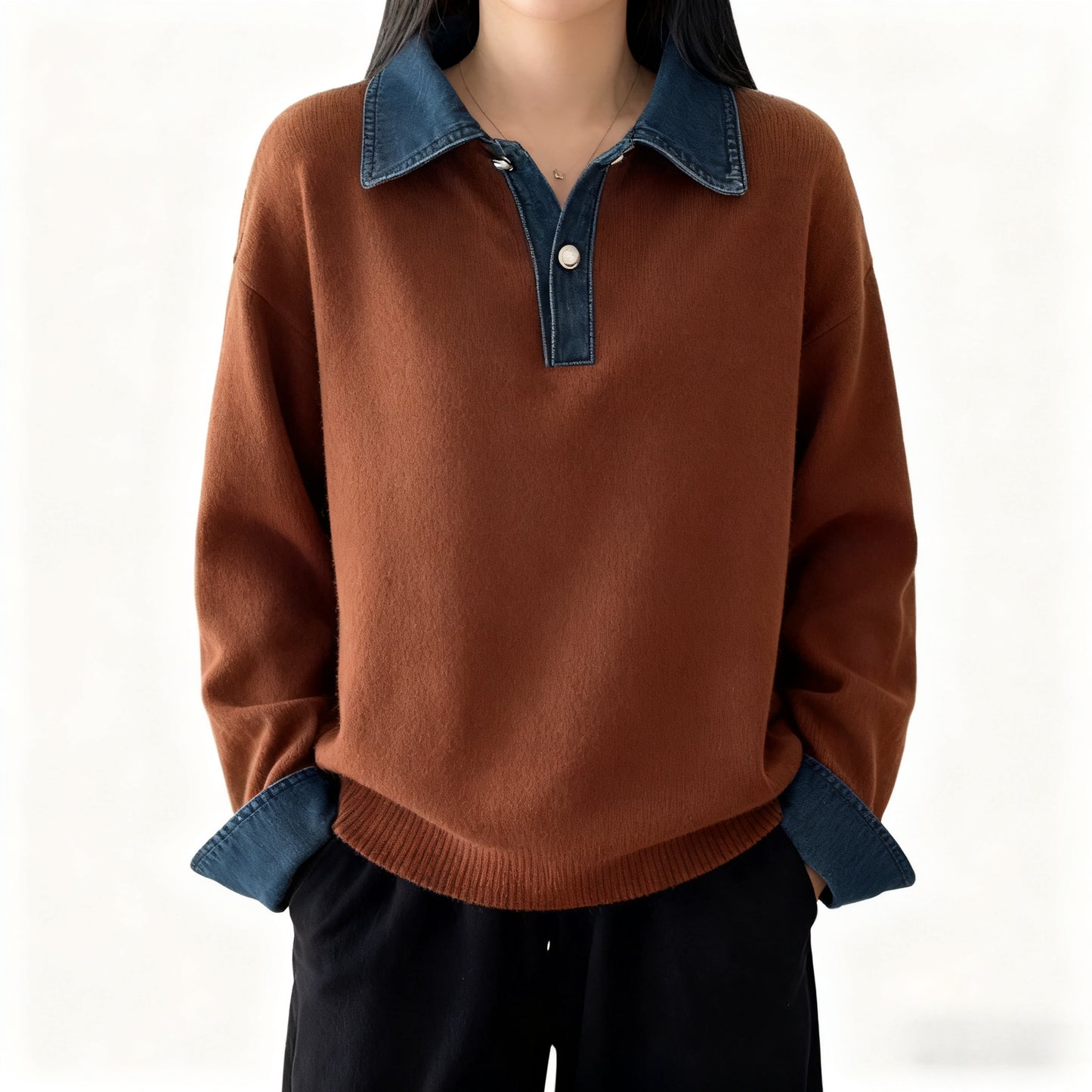 Denim Collar Color-Block Knit Sweater – Faux Two-Piece Long Sleeve Top - LAI MENG FIVE CATS