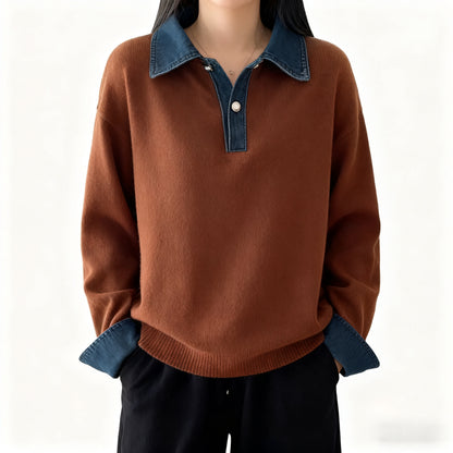 Denim Collar Color-Block Knit Sweater – Faux Two-Piece Long Sleeve Top - LAI MENG FIVE CATS