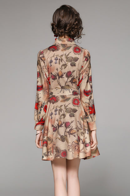 SSY-Women's Floral Print Tie Collar Puff Sleeve Button Mini Dress