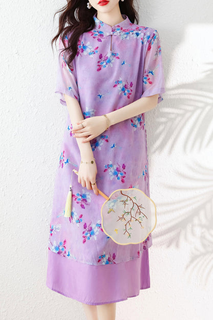 Purple Floral Cheongsam Fake Two Pieces Dress