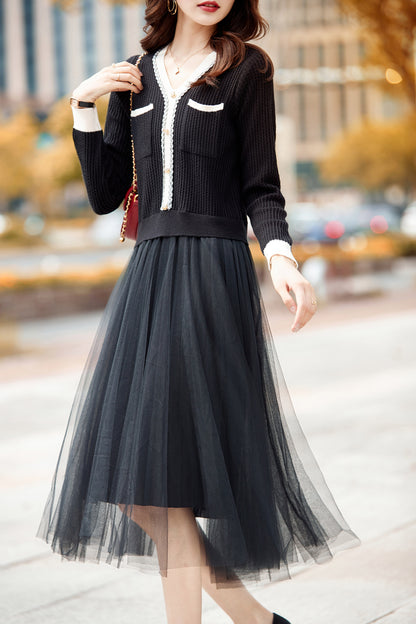 Elegant Stretch Pullover Mesh Patchwork Midi Dress