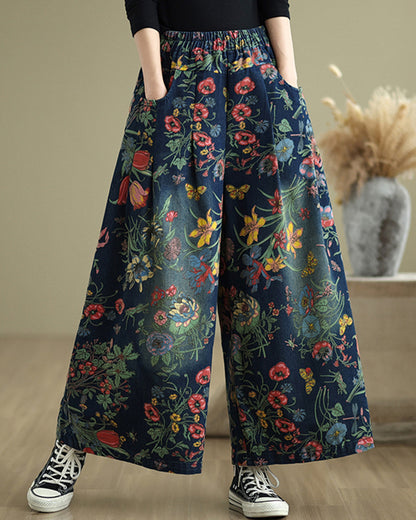 Vintage Floral Wide Leg Denim Pants Women's Boho Loose Casual Trousers