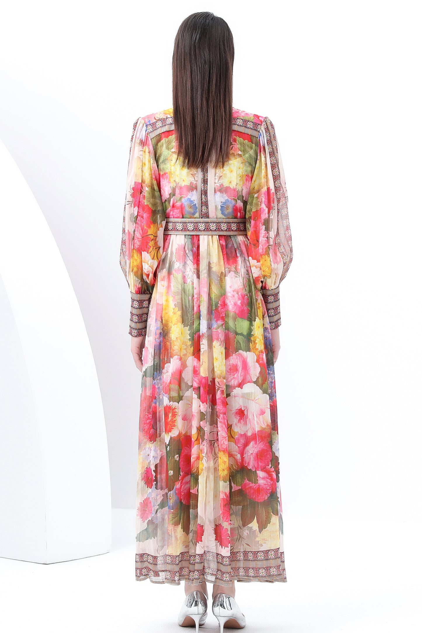 Women's Printed High-neck Puff Sleeves Slit Maxi Dress