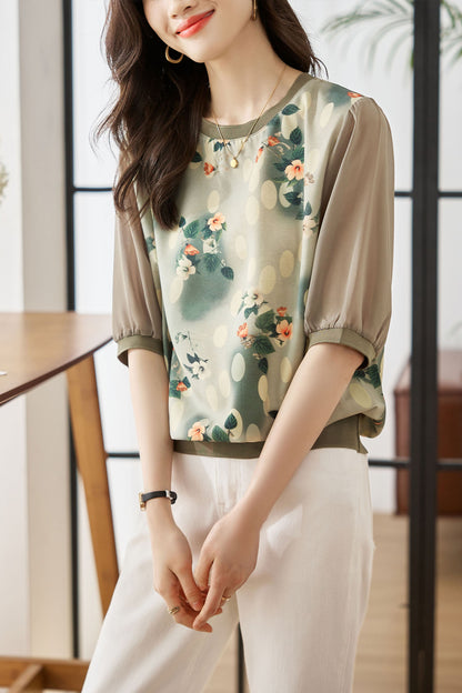 Green Casual Patchwork Shirt Floral Print Tops
