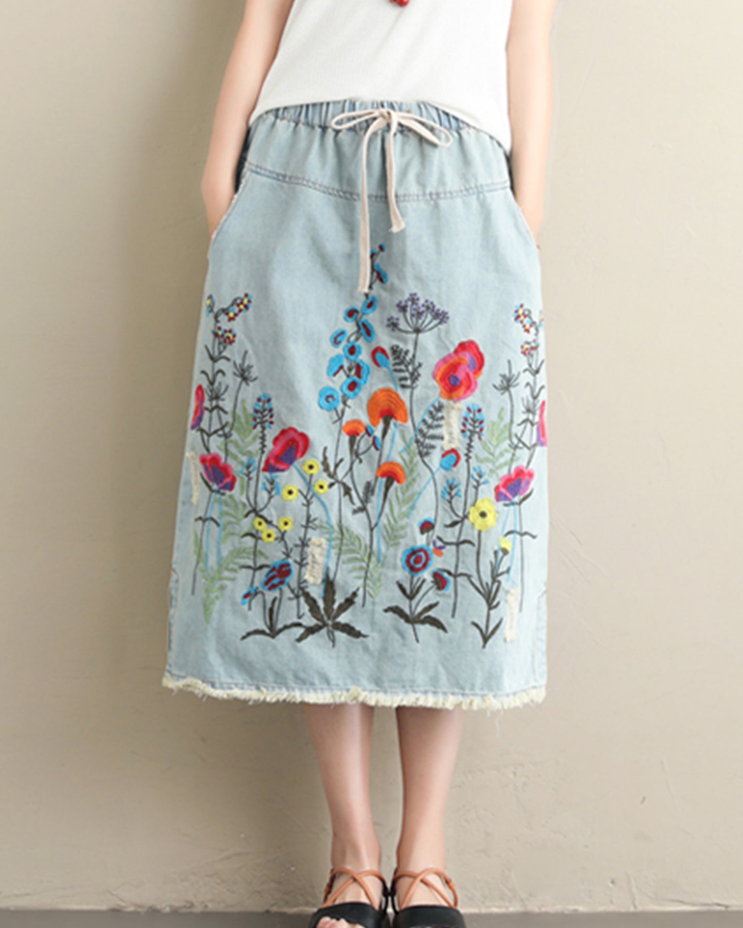 Embroidered Floral Denim Midi Skirt