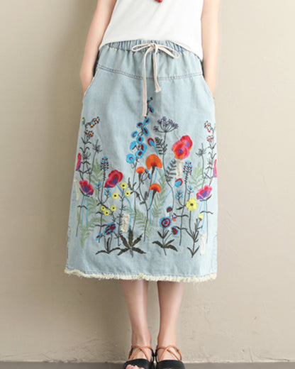 Embroidered Floral Denim Midi Skirt