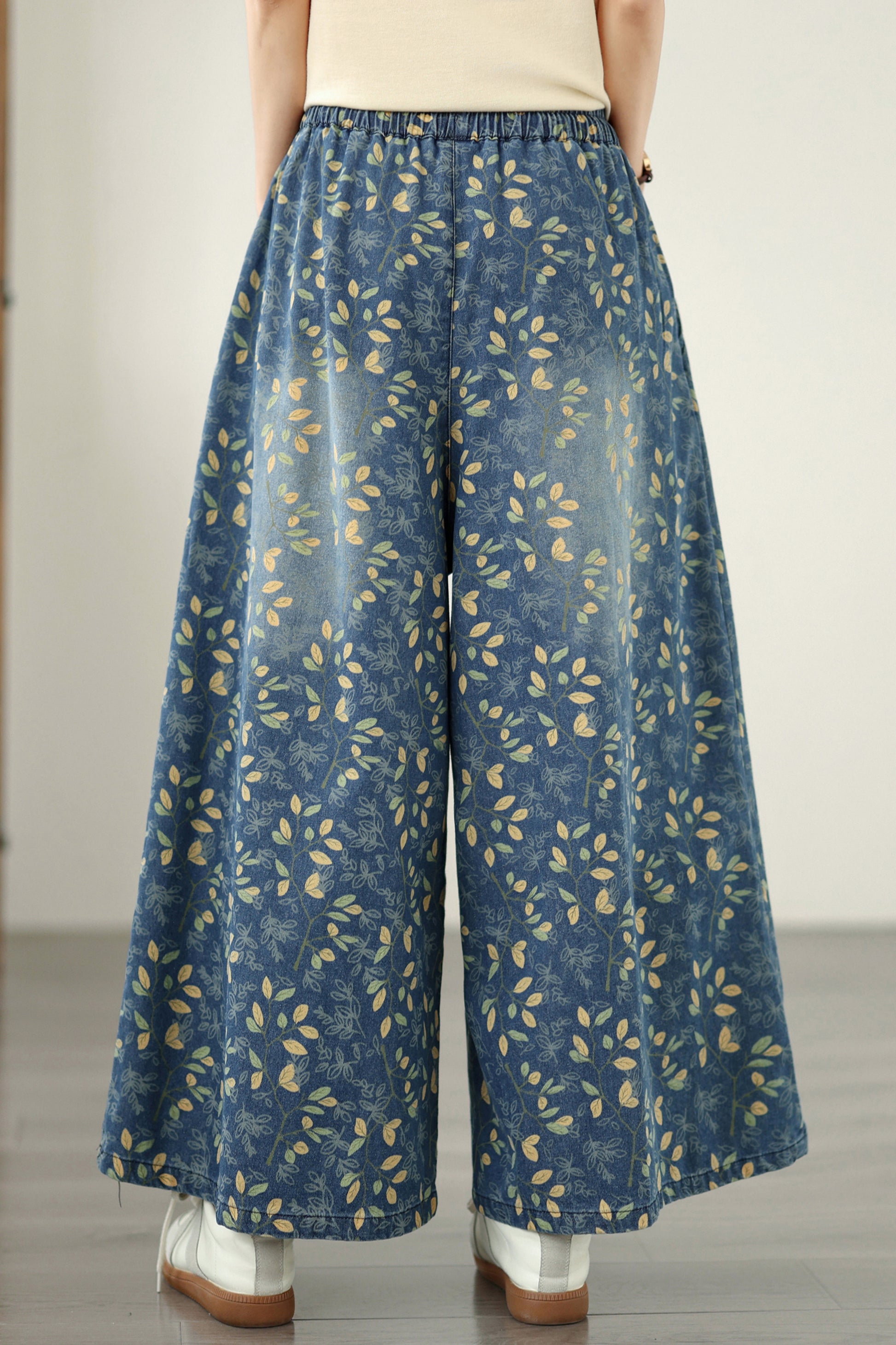 26-Women's Jeans Elastic Waist Baggy Wide Leg Denim - LAI MENG FIVE CATS